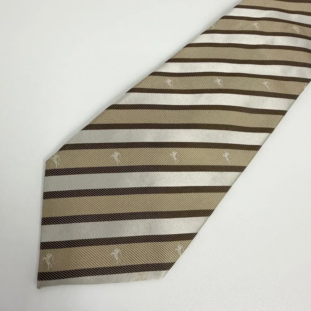 Burberry London Men's Tie Striped Equestrian Knight Logo Khaki Silk 3.5